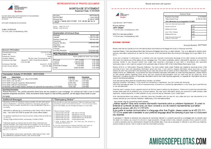 Extrato de hipoteca do USA First International Bank & Trust Bank em formatos Word e PDF, 3 páginas 1 2 modelo